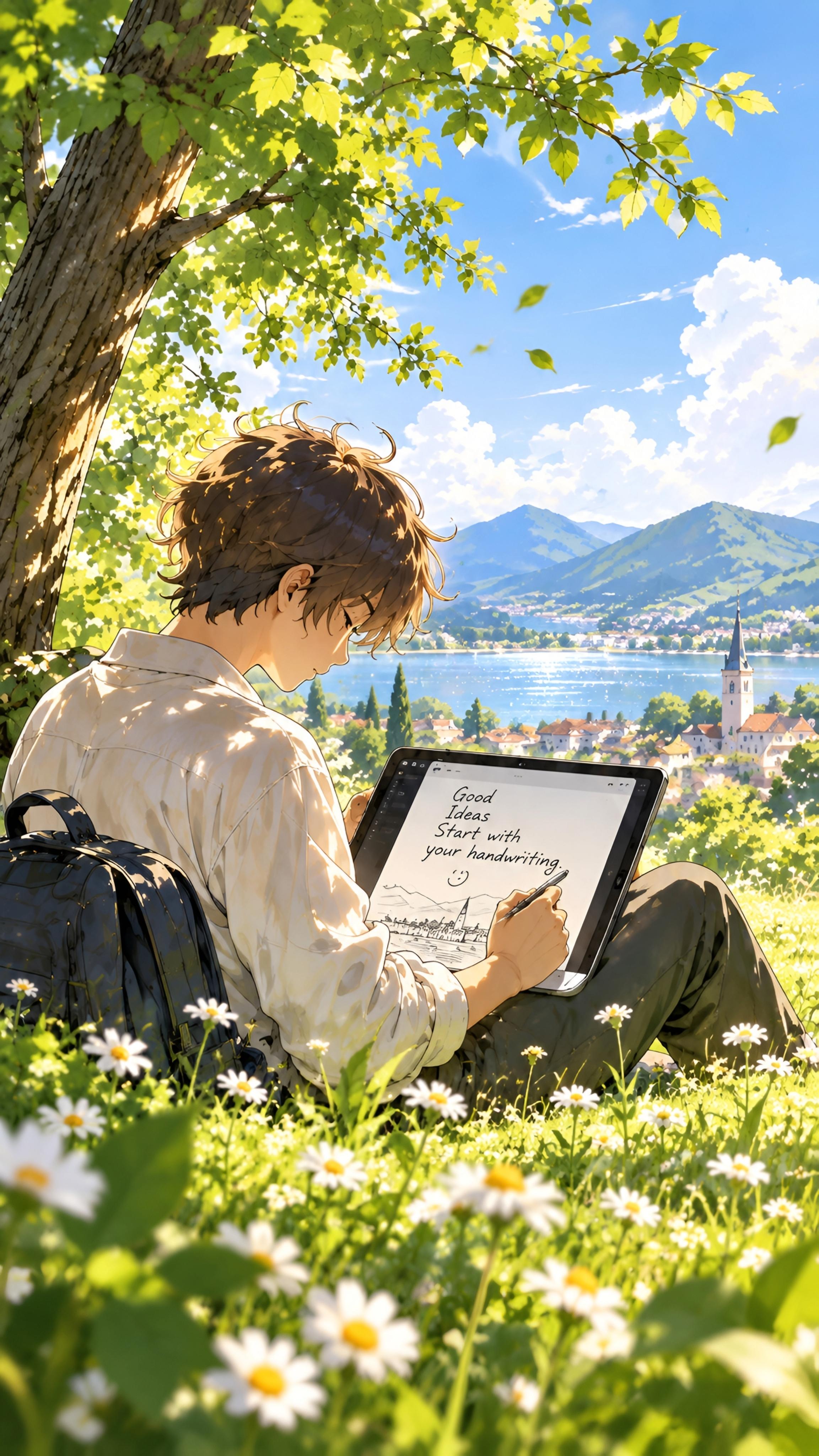 A person drawing letters on a tablet outdoors